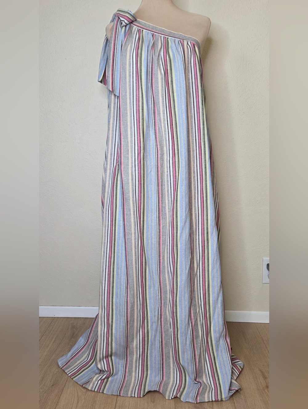 Karen T Design One Shoulder Striped Maxi Dress Made in USA Rayon Linen Blend
